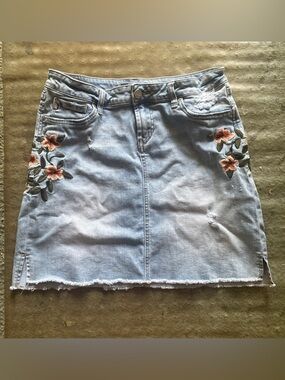 Dear John Light Blue Denim Mini Skirt with Pink Floral Embroidery Boho Natural
